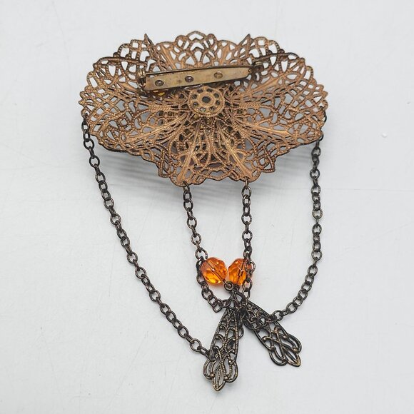 Vintage Czecho Art Deco Filigree Brooch Pin With Amber Glass Cabochon Chains - Picture 3 of 4